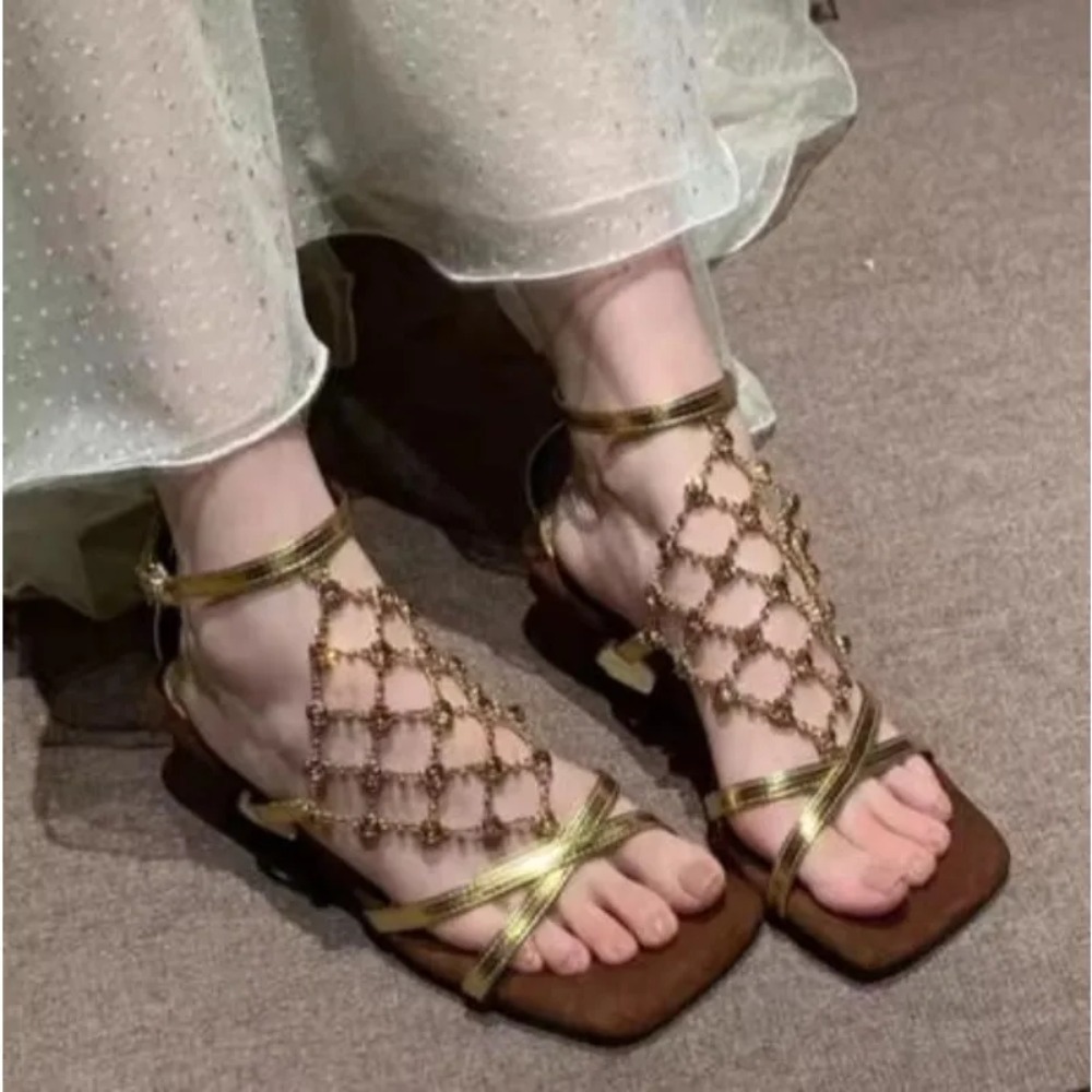 Mesh Strap Metal - كعب عالي أنيق للنساء، صيفي، بمقدمة