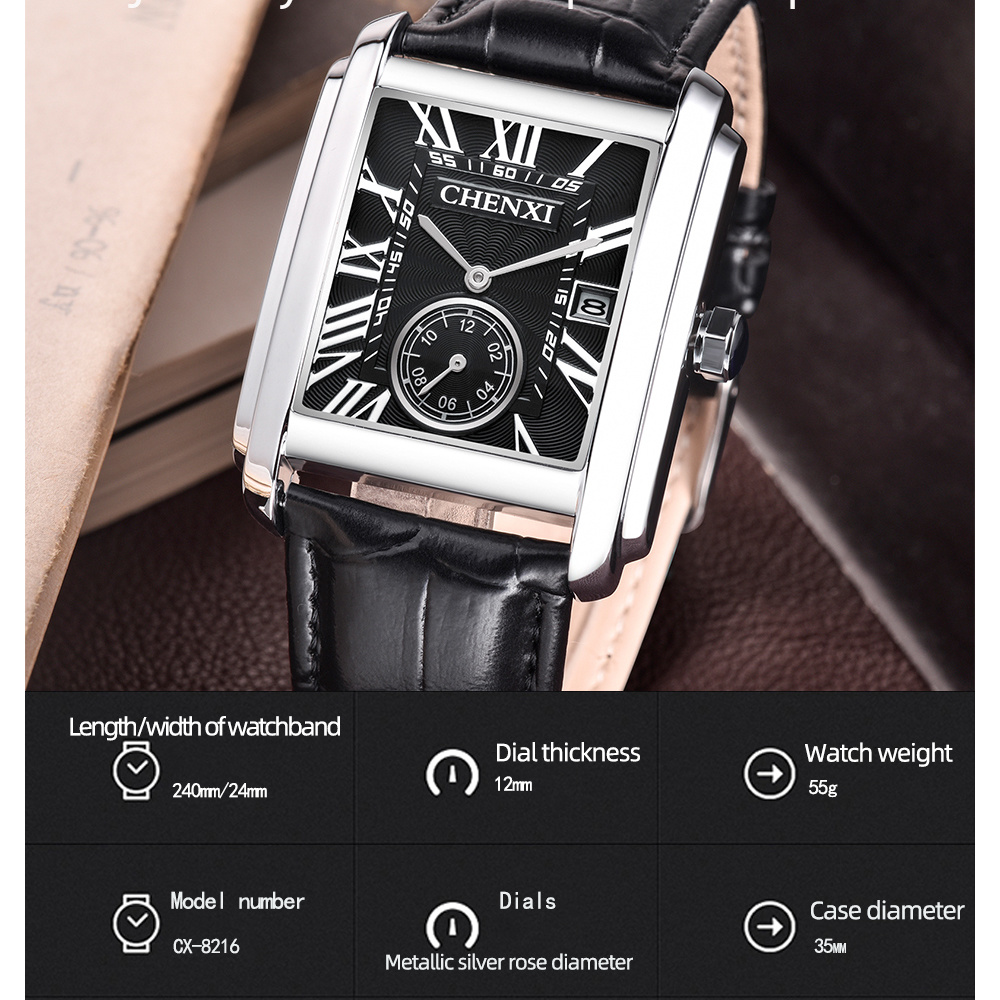 CHENXI 8216 موضة كلاسيكية مربع - مراجعة Leather Watch Band Men وسعره